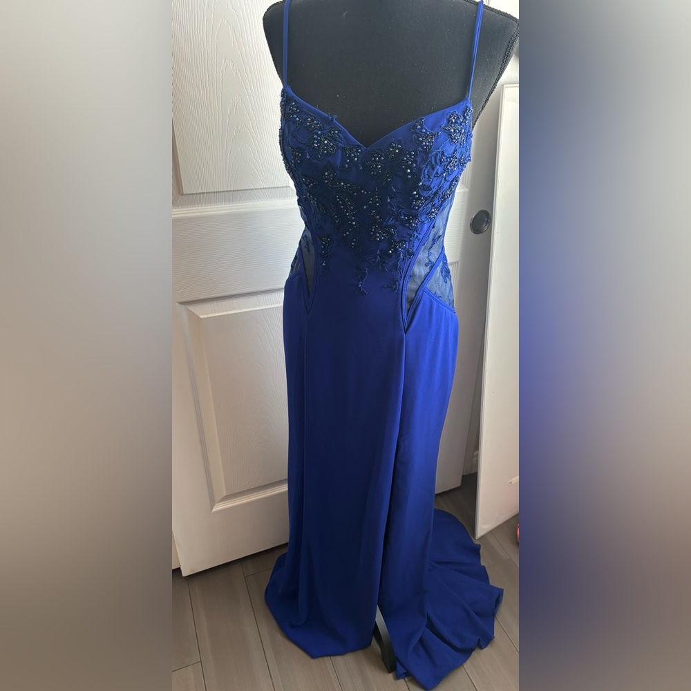 Blue Asymmetrical Backless Prom Gown